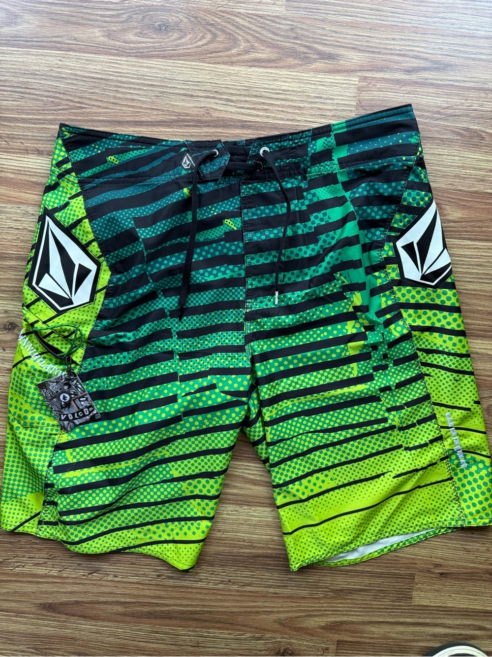 Volcom Neon Green and Black Striped Boardshorts